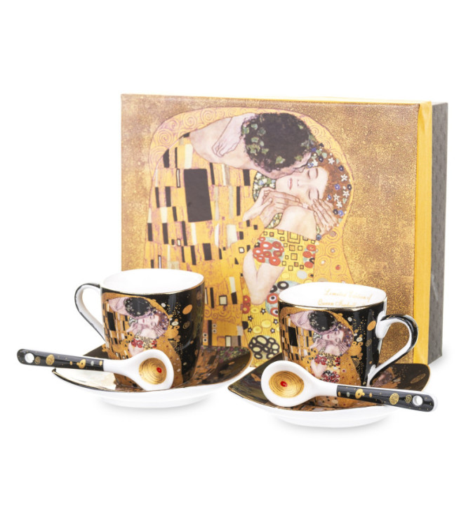 Gustav Klimt Bučinys porcelianinių kavos puodelių rinkinys juodame Gustav Klimt Bučinys porcelianinių kavos puodelių rinkinys juodame